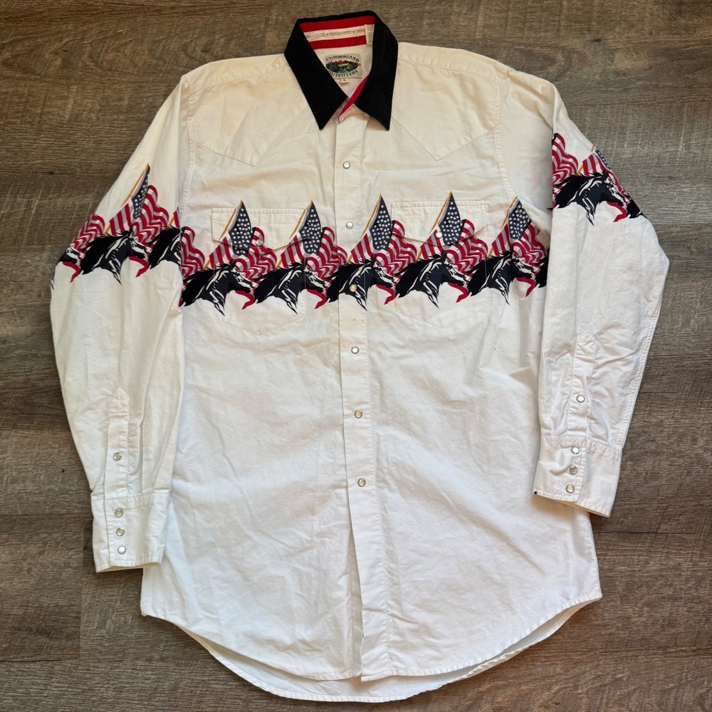 Cumberland Outfitters Western Pearl Snap Shirt Large White American Flag Horse
